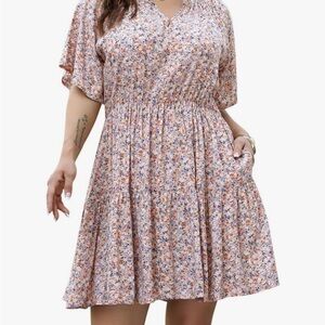 Womens Plus Size Floral Print Boho Casual Layered Swing Dress with Pocket